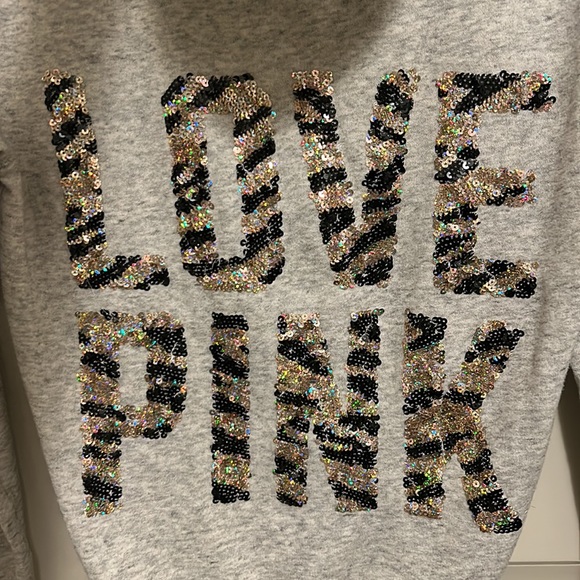 Victoria's Secret PINK Sequin Bling Hoodie Gray SMALL Gold Black Tiger Stripes - Picture 2 of 5